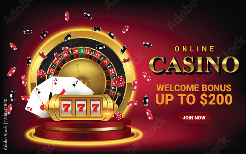 Online casino invitation banner design with casino slot machine, casino roulette wheel, poker chips and cards on red background