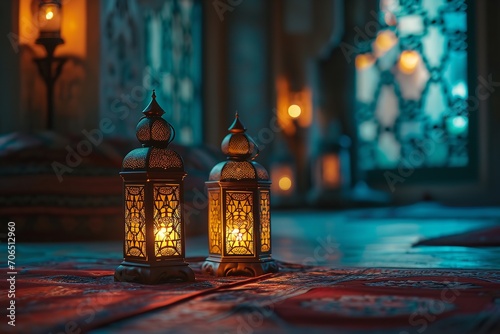 Ramadan Kareem Arabic lantern with bokeh burning candle glowing at night ai generative