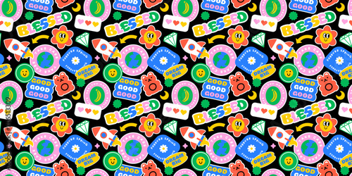 Funny retro text quote sticker seamless pattern. Colorful vintage style typography sign background. Fun repeat texture print with slang lettering, comic word icon.