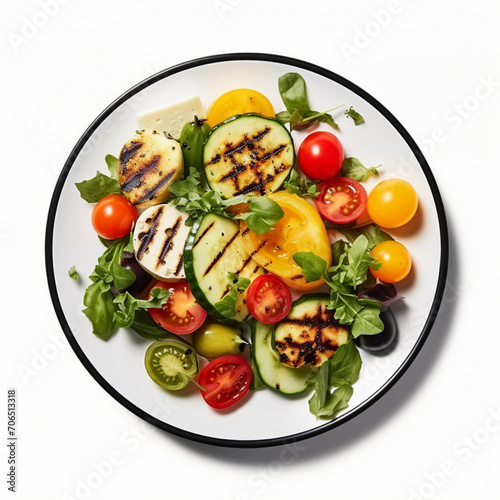 fotografia con detalle y textura de plato con ensalada y verduras a la brasa, sobre fondo blanco