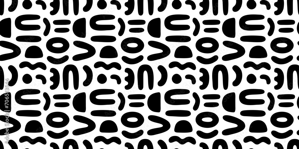 Abstract organic shape seamless pattern with black and white geometric doodles. Flat cartoon background, simple random shapes print texture. - obrazy, fototapety, plakaty 