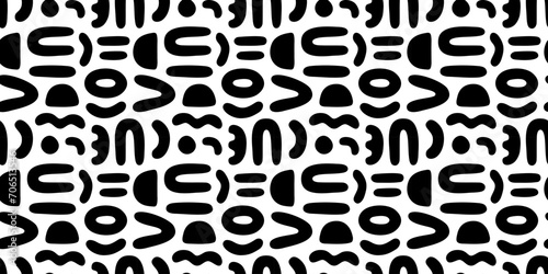 Abstract organic shape seamless pattern with black and white geometric doodles. Flat cartoon background, simple random shapes print texture.
