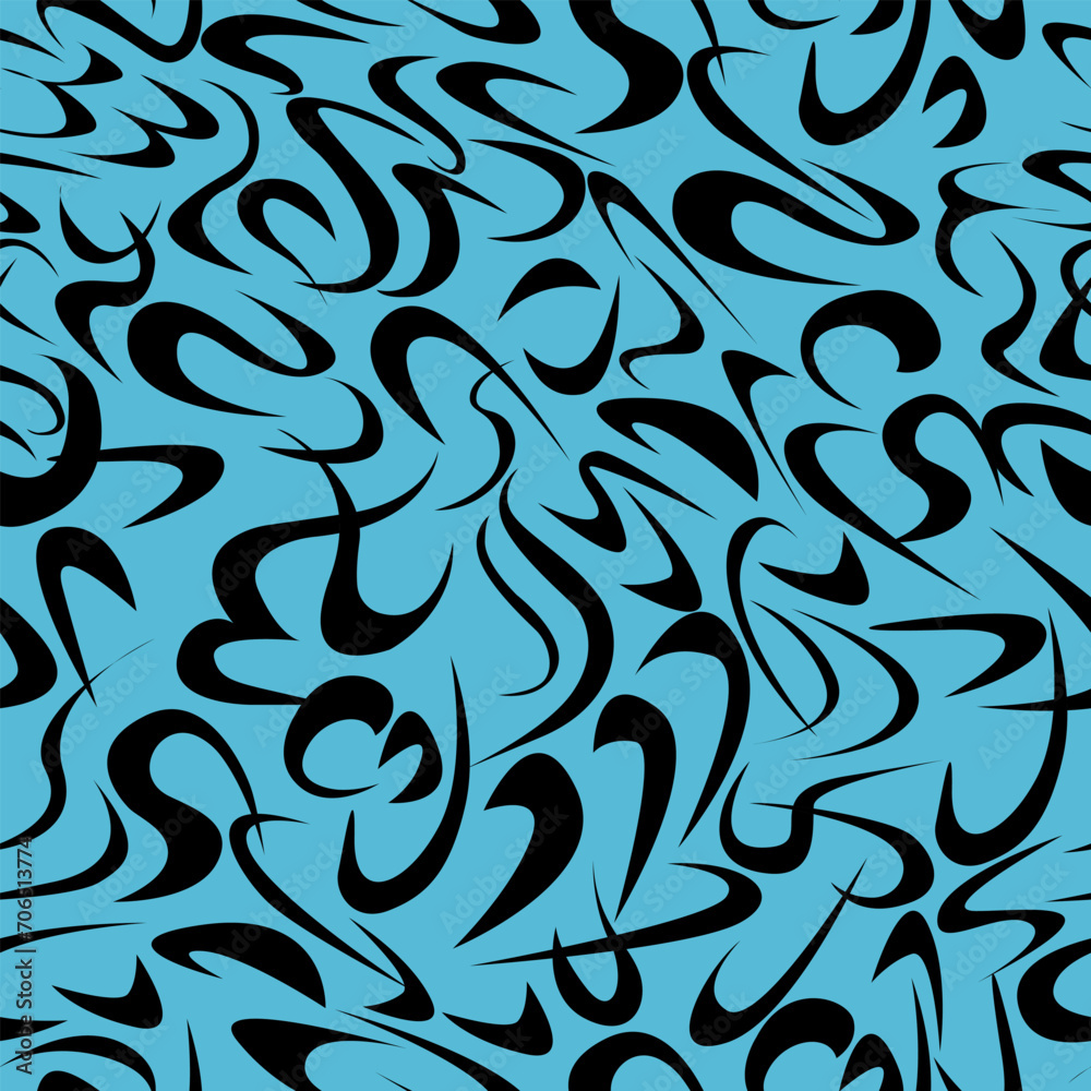 Seamless abstract pattern of curved lines in black and blue for prints on fabrics, packaging and for the design of backgrounds, surfaces and fills Seamless abstract pattern of curved lines in black and blue for prints on fabrics, packaging and for the design of backgrounds, surfaces and fills