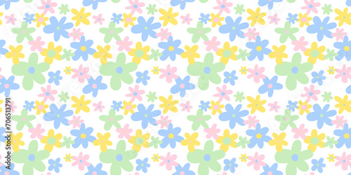 Trendy floral seamless pattern illustration. Vintage 70s style hippie flower background design. Colorful pastel color groovy artwork, y2k nature backdrop with daisy flowers.