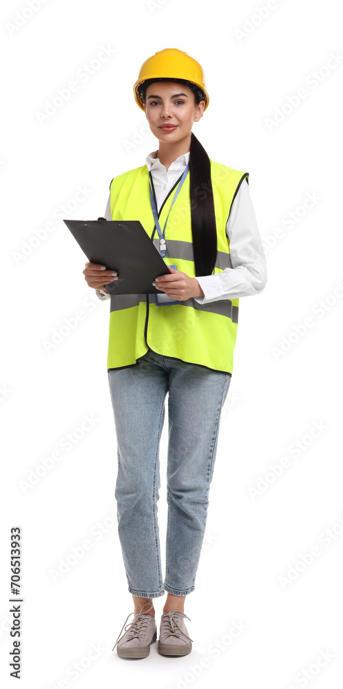 Engineer in hard hat holding clipboard on white background