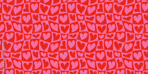 Red love heart seamless pattern illustration. Checkered romantic pink hearts background print. Valentine's day holiday backdrop texture, romantic wedding design. 