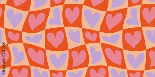 Red love heart seamless pattern illustration. Checkered romantic pink hearts background print. Valentine's day holiday backdrop texture, romantic wedding design. 