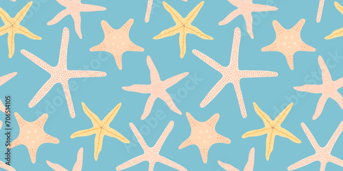 Star fish seamless pattern. Summer marine animal background design. Vacation travel concept. Starfish flat cartoon backdrop illustration.