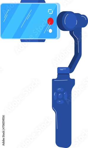 Blue gimbal stabilizer with smartphone vector illustration. Camera equipment and modern videography concept.