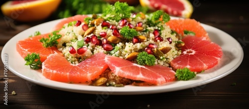 Nutritious quinoa salad with veggies and grapefruit.