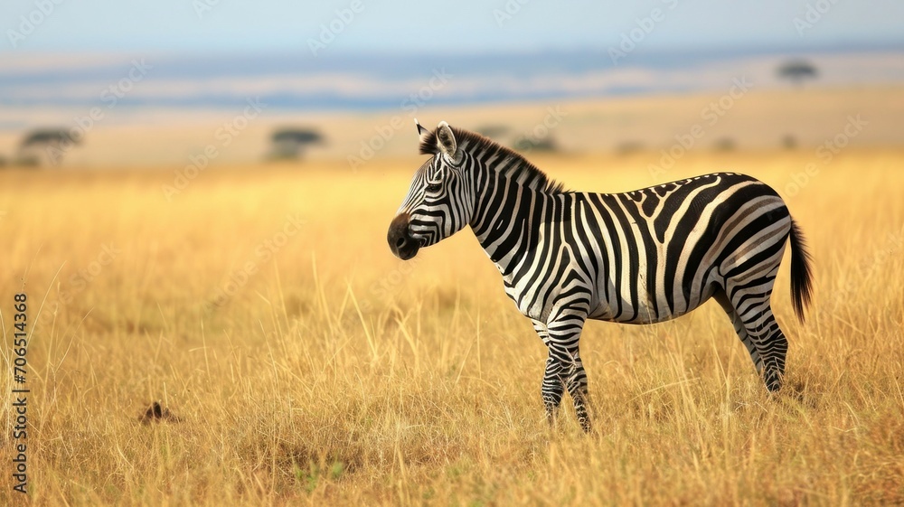 Fototapeta premium Zebra in Profile with the Expansive Savannah as Backdrop. Generative AI.