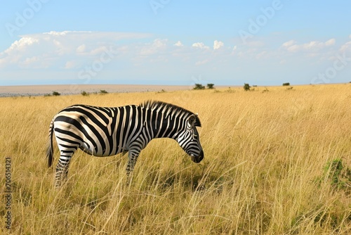 Zebra Roaming Free in the Savannah with Distant Horizon. Generative AI.