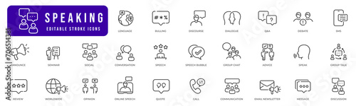 Speaking line icon set. Conversation icons collection. Discussion, speech bubble, talking, consultation and communication pictogram