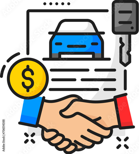 Car purchase agreement line icon for auto dealership and automobile store salon, vector symbol. Car buy deal and purchase agreement color line pictogram for automotive trade center and client service