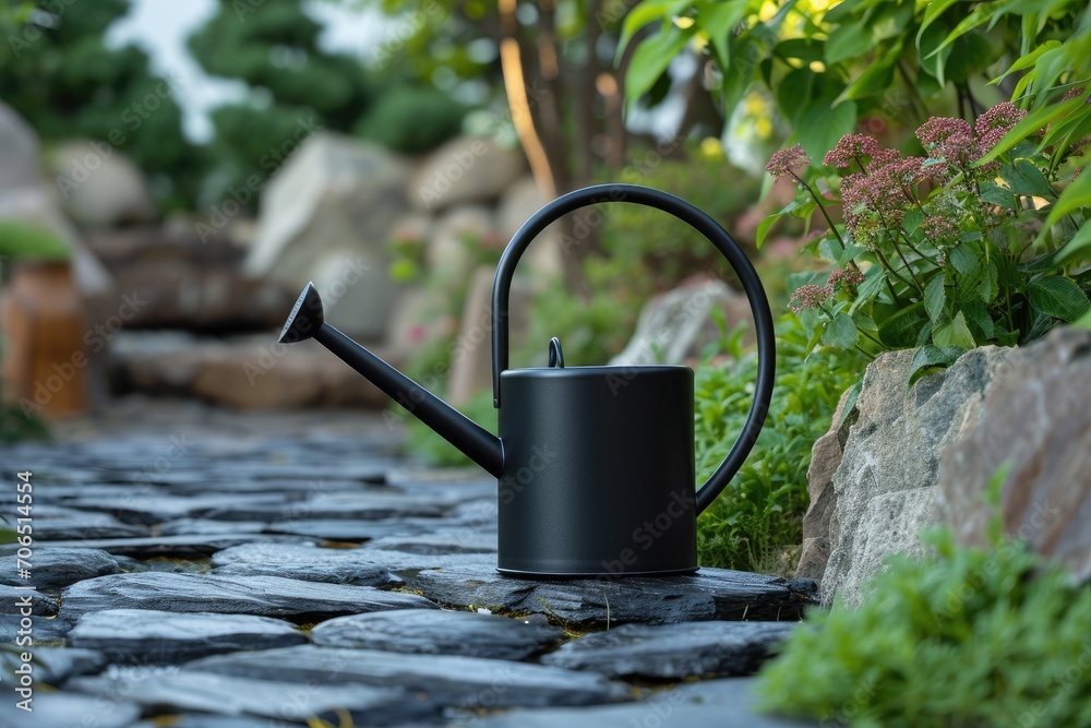 Black titanium watering can on a dark stone garden path Black titanium watering can on a dark stone garden path
