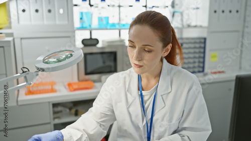 Caucasian woman scientist analyzing samples in a laboratory setting  depicting research  medicine and healthcare.