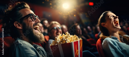 Amigos viendo pel  cula de comedia en el cine y riendo a carcajadas. P  blico en butacas de teatro con palomitas y bebidas disfrutando del tiempo de ocio.