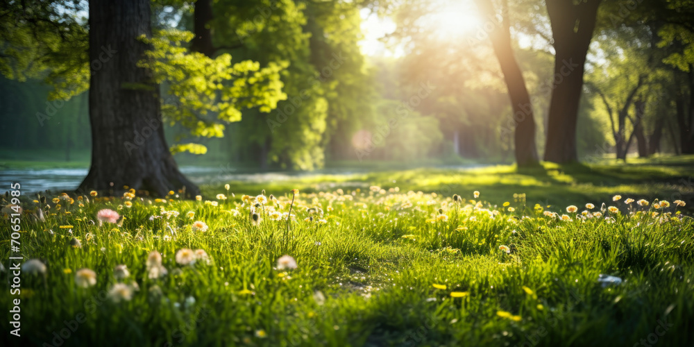Obraz premium Idyllic springtime scene in a garden with young, vibrant green grass and dandelions blooming under the soft light filtering through trees