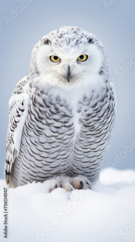 Snowy owl, Bubo scandiacus, isolated sitting on the snow © Alicia