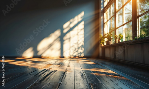 Abstract minimalist interior with soft natural light casting long shadows through a window onto a wooden floor, creating a serene atmosphere