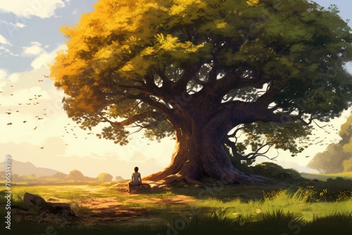 A serene painting depicting a man sitting peacefully beneath the branches of a sprawling tree, A student studying alone under a large tree, AI Generated