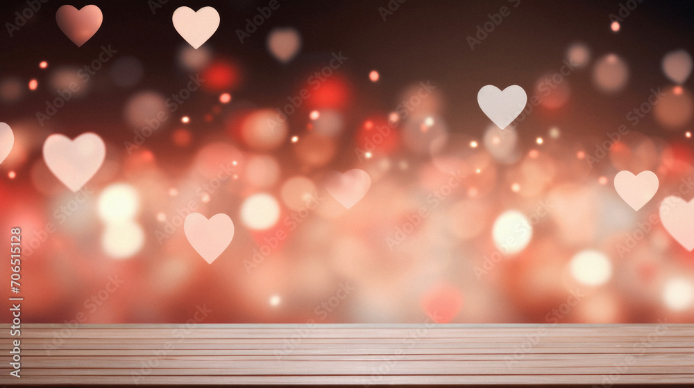 Wooden table against valentines heart bokeh background.