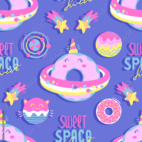 Fashion abstract seamless pattern with space donuts, planet, cosmic elements. Cool background on cute style for girl