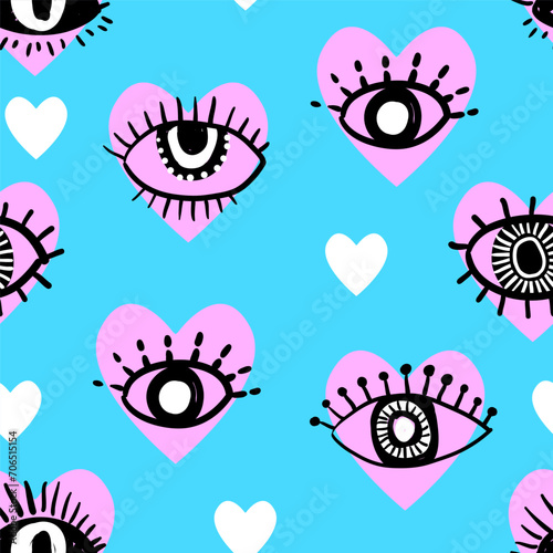 Seamless pattern with black eyes, lashes and heart. Texture background. Wallpaper for teenager girls. Women's fashion style