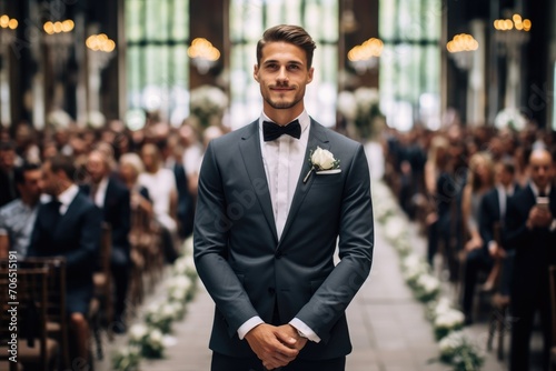 A distinguished man in a tuxedo stands confidently in front of a cheering crowd, A stylish groom waiting at the altar, AI Generated