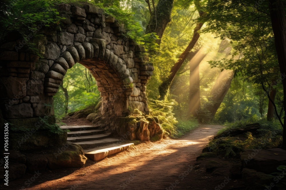 An awe-inspiring stone arch nestled amidst the lush greenery of a forest, transporting you to another time, A sun-dappled forest path leading to a mysterious stone arch, AI Generated An awe-inspiring stone arch nestled amidst the lush greenery of a forest, transporting you to another time, A sun-dappled forest path leading to a mysterious stone arch, AI Generated