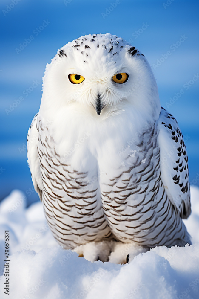 Snowy owl, Bubo scandiacus, isolated sitting on the snow Snowy owl, Bubo scandiacus, isolated sitting on the snow