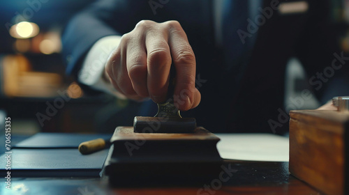 Businessman holding a stamp Pump it into the employment contract document. or various documents within the office