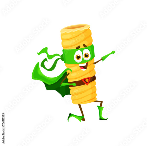 Cartoon tortiglioni italian pasta superhero character. Isolated vector fun and quirky super hero macaroni personage, complete with cape, mask and muscles ready to fight crime in fantasy noodly world