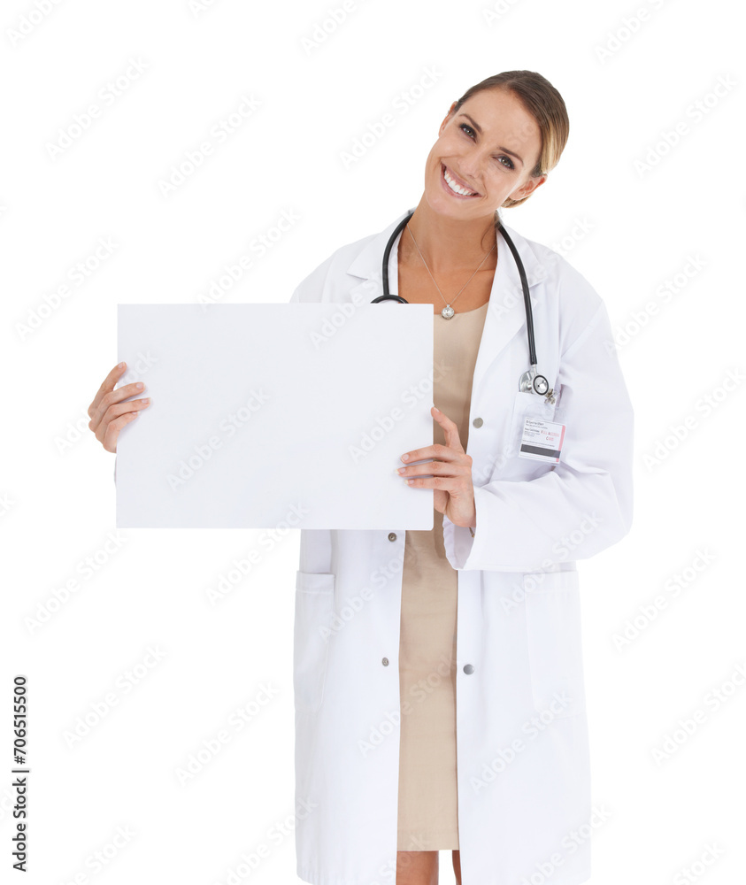 Doctor, board or happy woman in portrait for poster, advertising or healthcare info in studio. White background, smile or medical professional with medicine announcement ads, paper or mockup space Doctor, board or happy woman in portrait for poster, advertising or healthcare info in studio. White background, smile or medical professional with medicine announcement ads, paper or mockup space