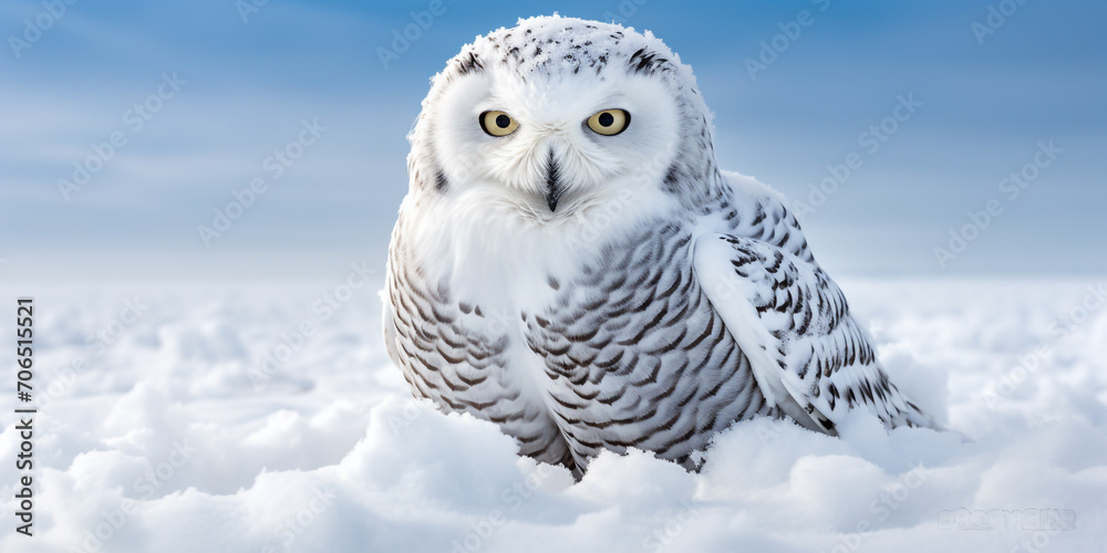 Snowy owl, Bubo scandiacus, isolated sitting on the snow