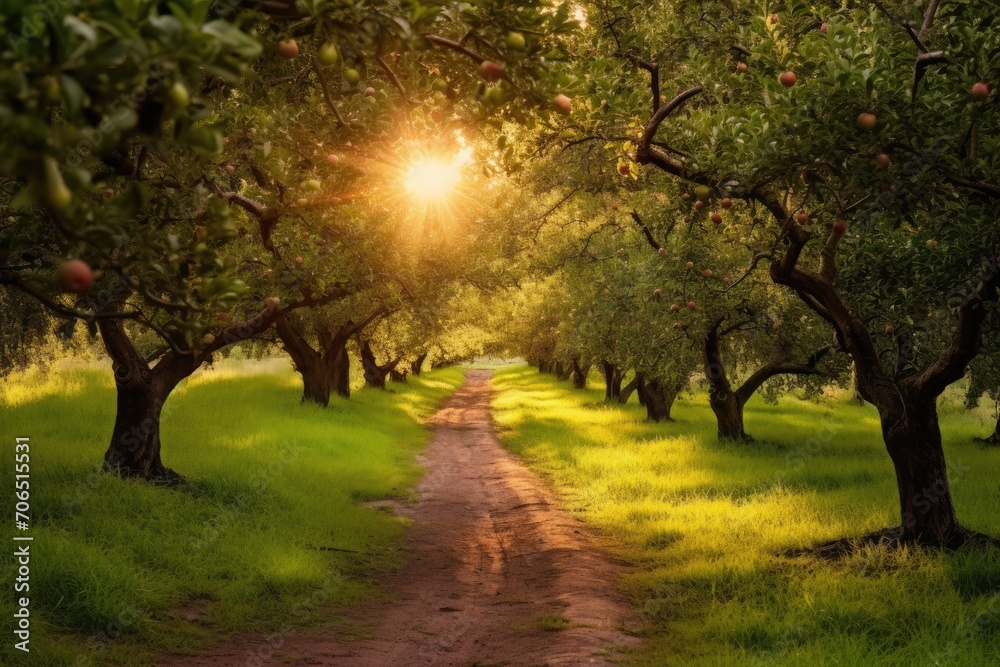 Obraz premium A peaceful dirt road meanders through a scenic landscape, surrounded by towering trees and lush green grass, A sunlit path through an organic apple orchard, AI Generated