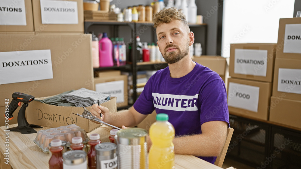 Handsome young man with a beard volunteering in a donation center, surrounded by boxes of food and other items. - obrazy, fototapety, plakaty 