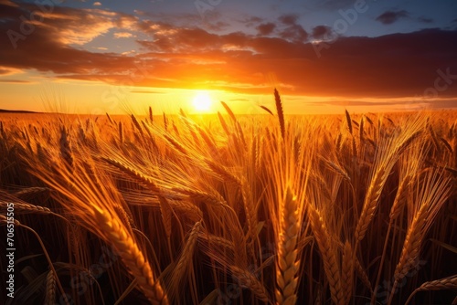 A stunning view of the sun setting in the background  casting a warm golden glow over a serene wheat field  A sun-kissed wheat field stretching toward a dusky horizon  AI Generated