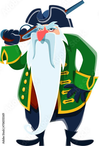 Cartoon pirate, captain and sailor character with a rugged beard and tricorn, brandishing a menacing gun, ready for high-sea adventures and treasures. Isolated vector old funny filibuster personage