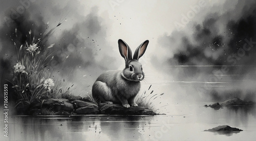 Harmony of black and white. a rabbit sits alone by the river. watercolor style illustration. Generative Ai photo