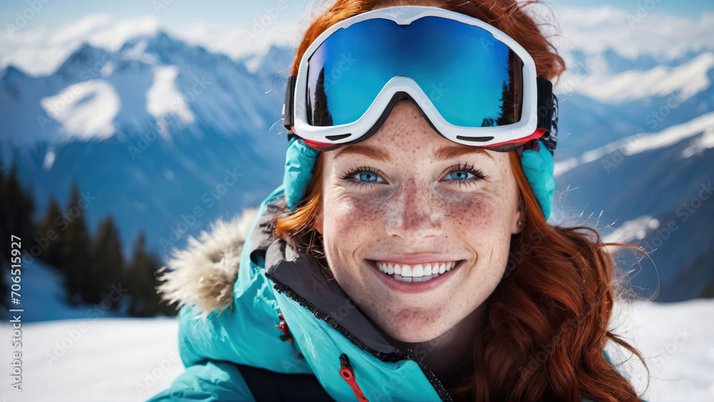 Frau mit roten Haaren auf der Skipiste in den Bergen Frau mit roten Haaren auf der Skipiste in den Bergen