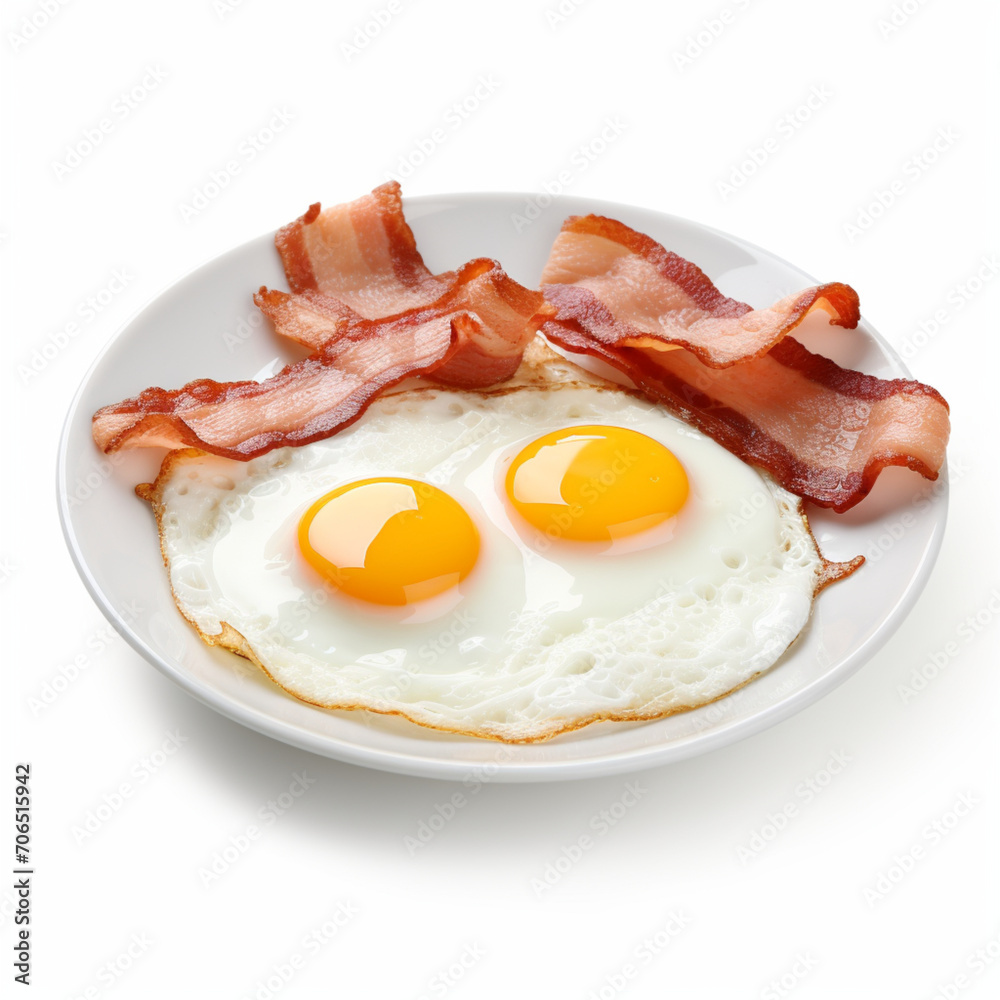fotografia con detalle de plato con huevos fritos y bacon sobre fondo blanco fotografia con detalle de plato con huevos fritos y bacon sobre fondo blanco