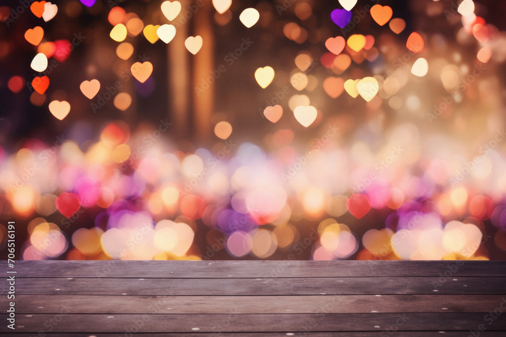 Wooden table in front of heart shaped bokeh background.