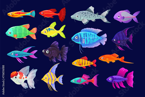 Cartoon aquarium fishes. Vector goldfish, swordtail fish, flower horn fish. Telescope, catfish with scalar, angel fish and guppy with green tiger barb, tropical colorful underwater exotic animals set