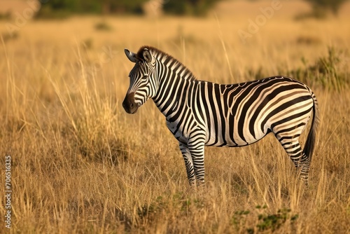 Young Zebra Standing Alert in the Savannah Grass. Generative AI.