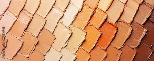 Makeup foundation swatches, cream strokes of various shades. Different skin tones. Make up background. AI generated image.  photo