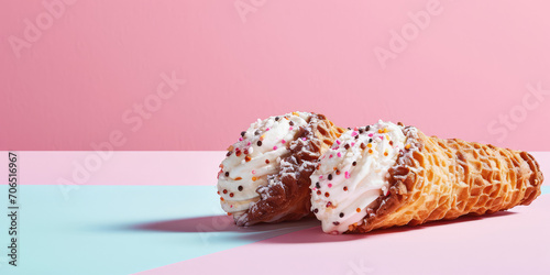 Cannoli, a traditional Sicilian dessert on pink background with copy space. Crispy waffle tube filled with cheese, soaked in syrup, liqueur wine or rosewater.