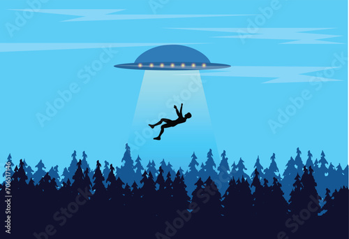UFO Abducting a Human in the Forest Flat Style. Space exploration and science topic vector art photo