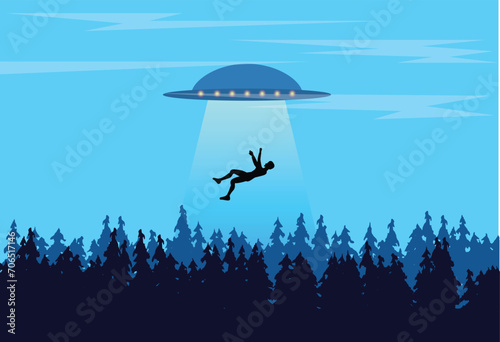 UFO Abducting a Human in the Forest Flat Style. Space exploration and science topic vector art