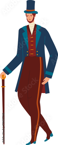 Elegant magician in vintage costume with top hat and walking cane. Classic entertainer, gentleman showman concept vector illustration.